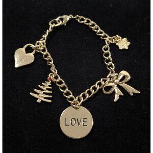 Christmas Love Charm Bracelet‎ Heart Bow Gold Tone 7 inch